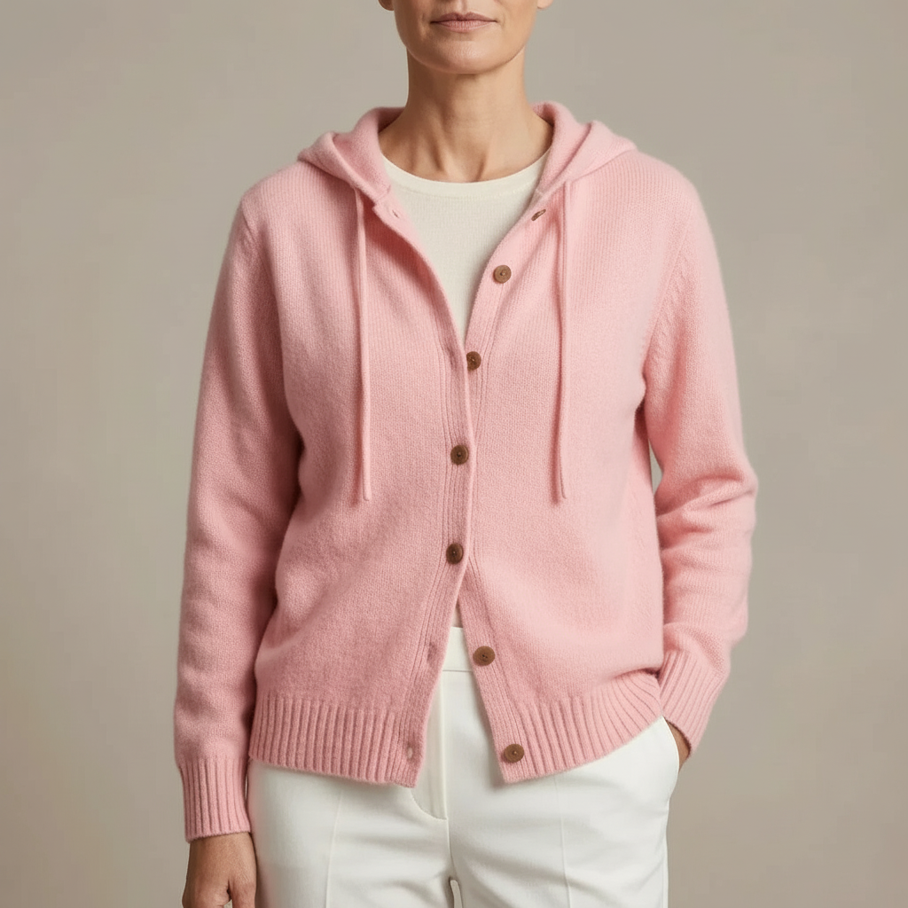 Hooded Plush Knit Cardigan - Button Front Women's Pink front view