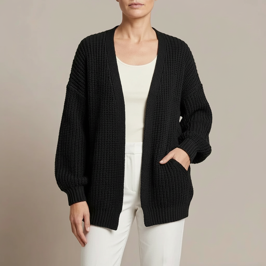 Oversized Balloon Sleeve Cardigan - Chunky Knit Women's Black front view