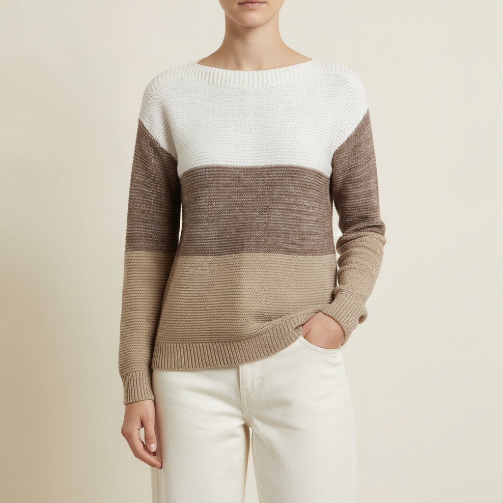 Colorblock Boat Neck Sweater - Ribbed Women's Knit Brown front view