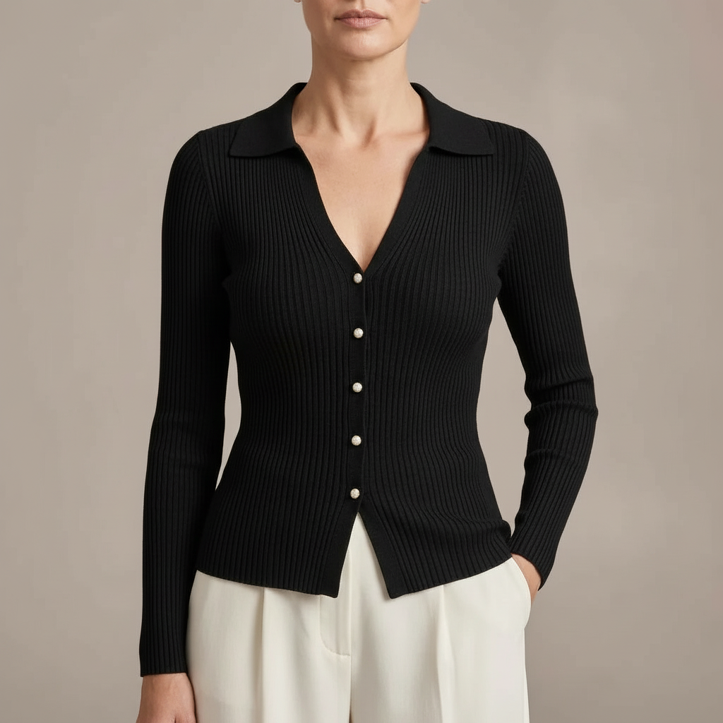 Ribbed Polo Collar Cardigan - Pearl Button Women's Black front view
