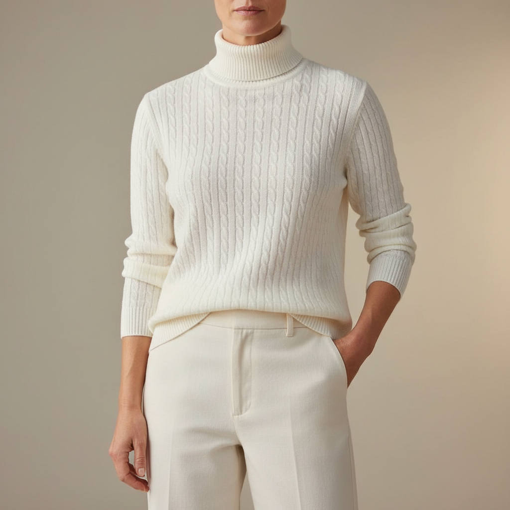 Cable Knit Turtleneck Sweater - Women's Pullover White front view