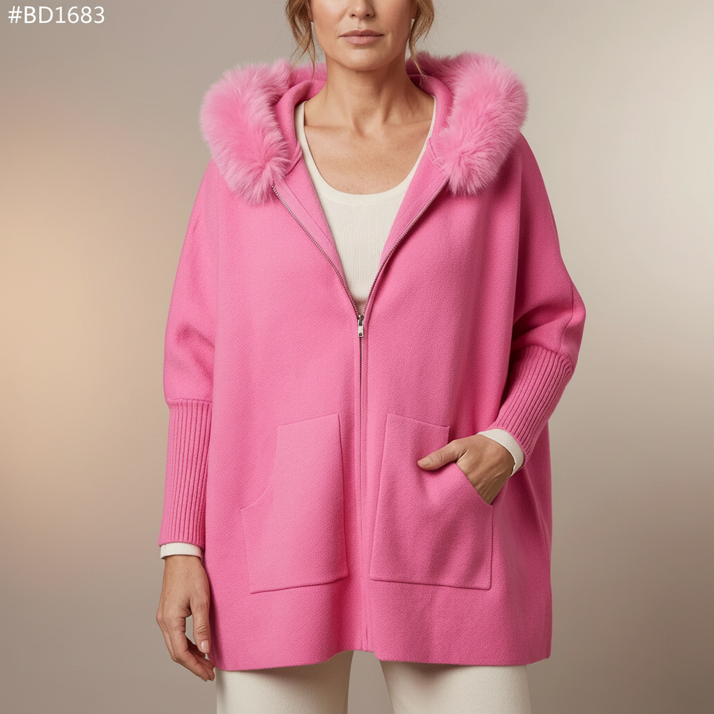 Faux Fur Hooded Coat - Zip Knit Sleeve Women's Coat Pink front view