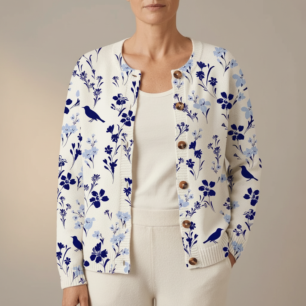 Floral Bird Print Cardigan - V Neck Button Women's White Blue front view