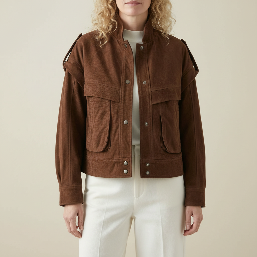 Cropped Utility Jacket - Snap Front Suede Feel Women's Brown front view