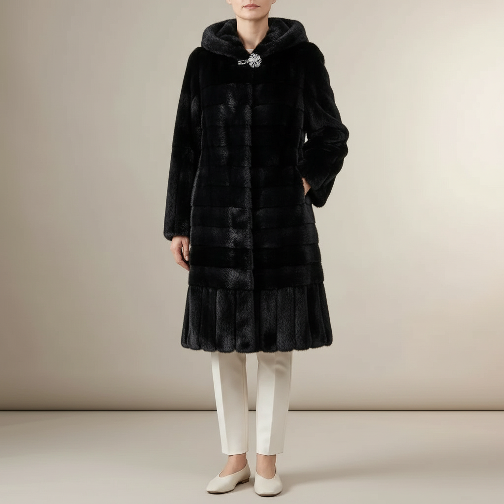 Hooded Faux Fur Coat - Longline Black Women's Coat Black front view