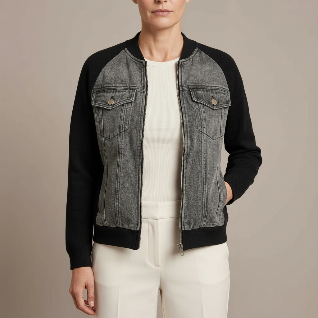Contrast Sleeve Denim Jacket - V Neck Zip Women's Black front view