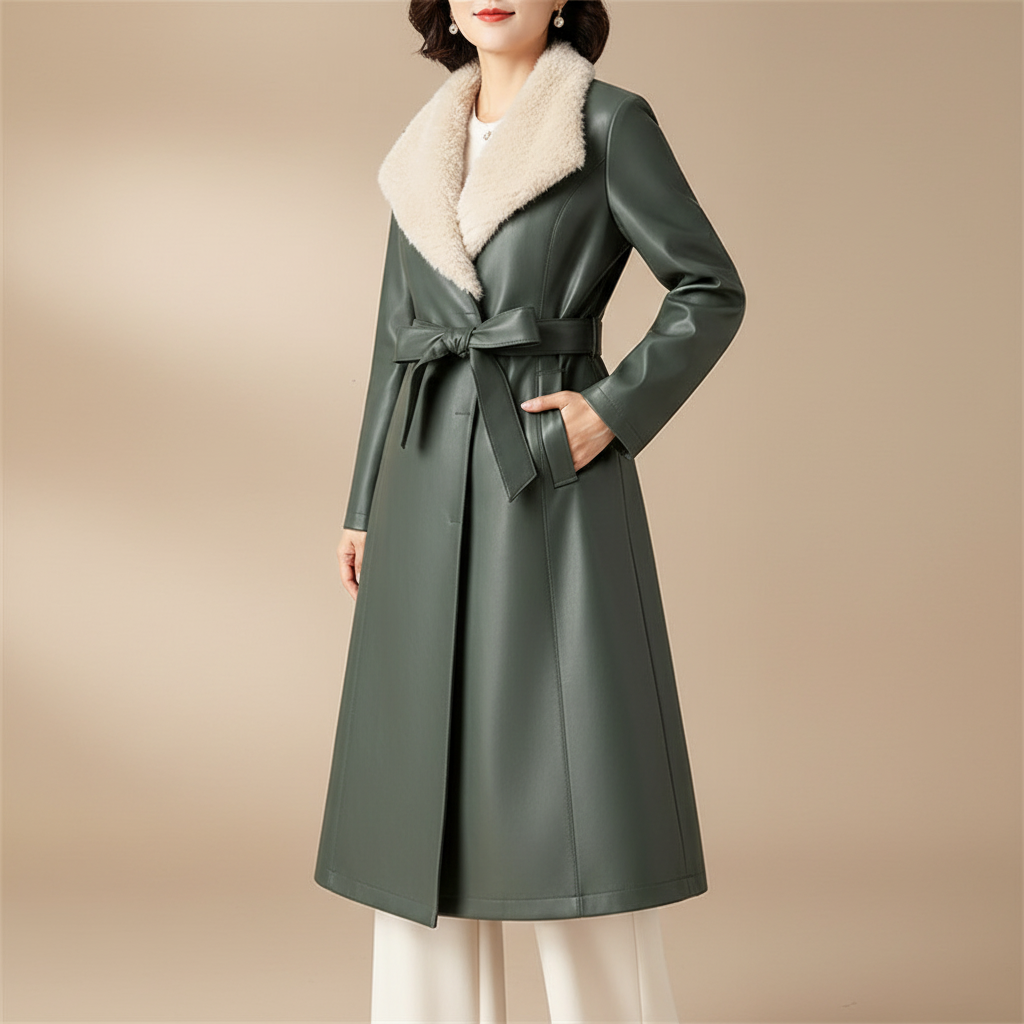 Faux Fur Collar Leather Wrap Coat - Belted Women's Green front view