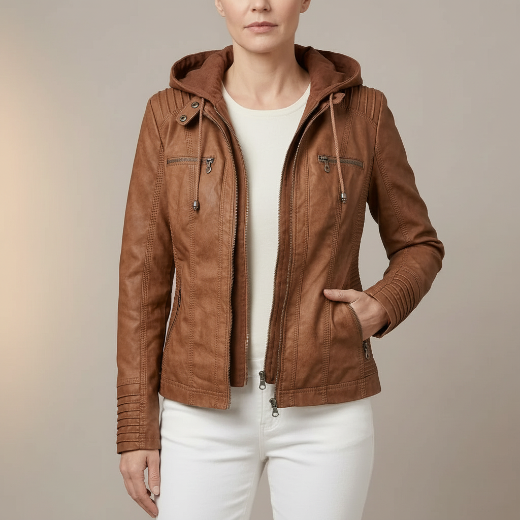 Hooded Leather Moto Jacket - Zip Front Women's Jacket Light Brown front view