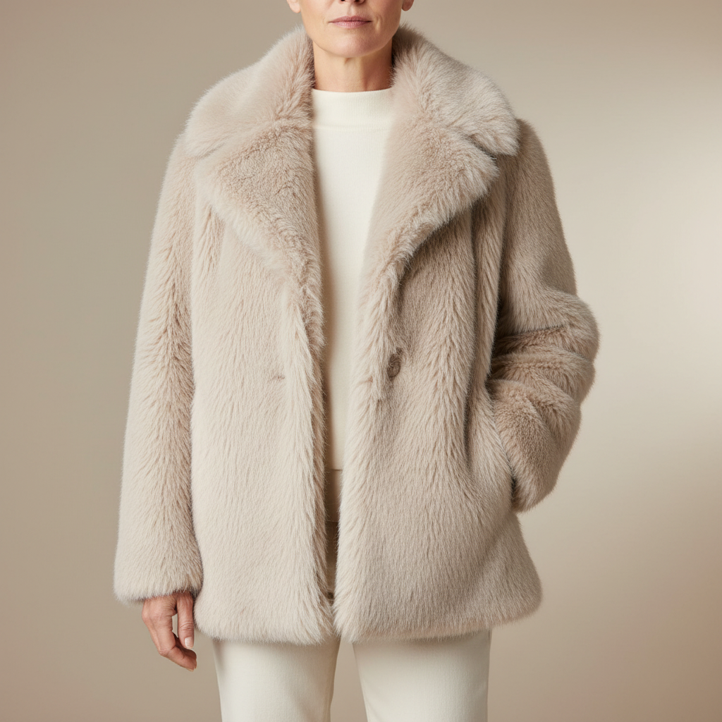 Oversized Faux Fur Coat - Wide Lapel Women's Statement Beige front view