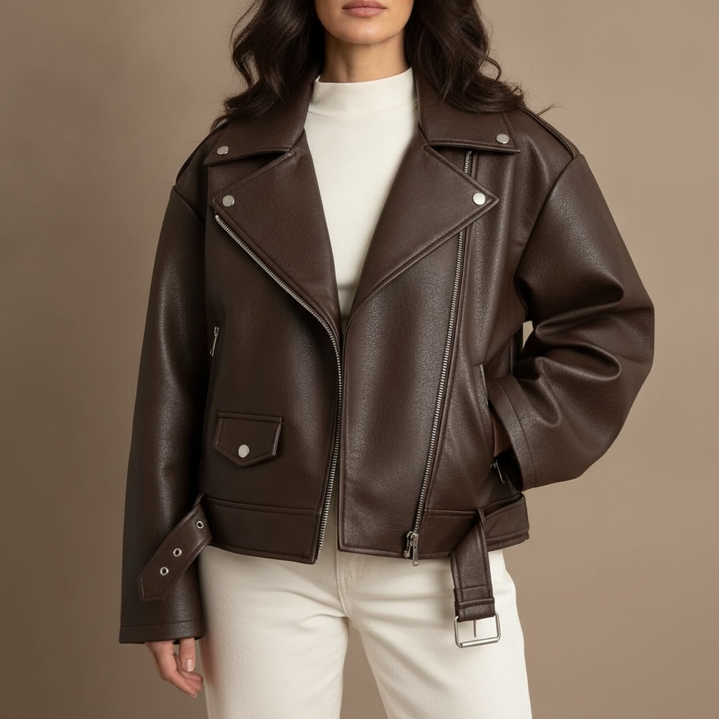 Oversized Leather Moto Jacket - Belted Women's Jacket front view