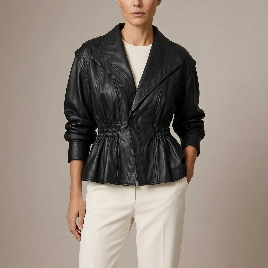 Peplum Leather Jacket - Cinched Waist Wide Lapel Women's Black front view