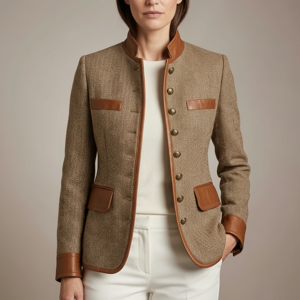 Herringbone Tweed Jacket - Leather Trim Women's Blazer Brown front view