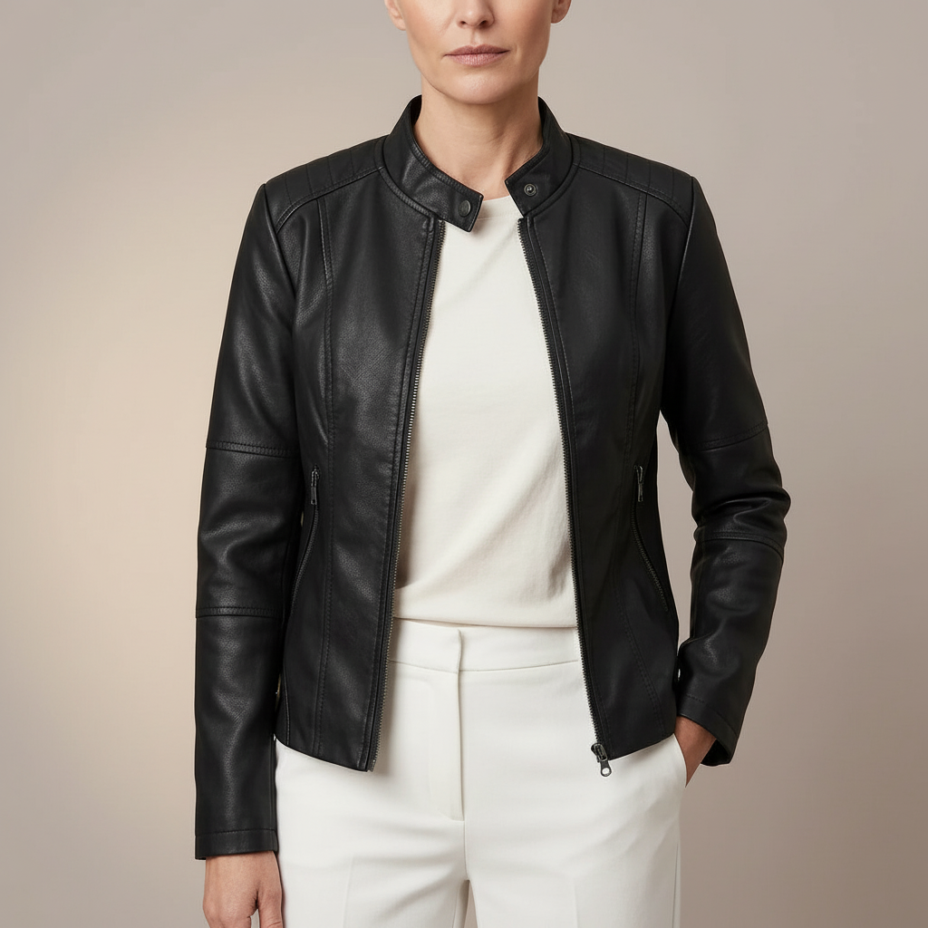 Slim Leather Moto Jacket - Stand Collar Zip Women's Black front view