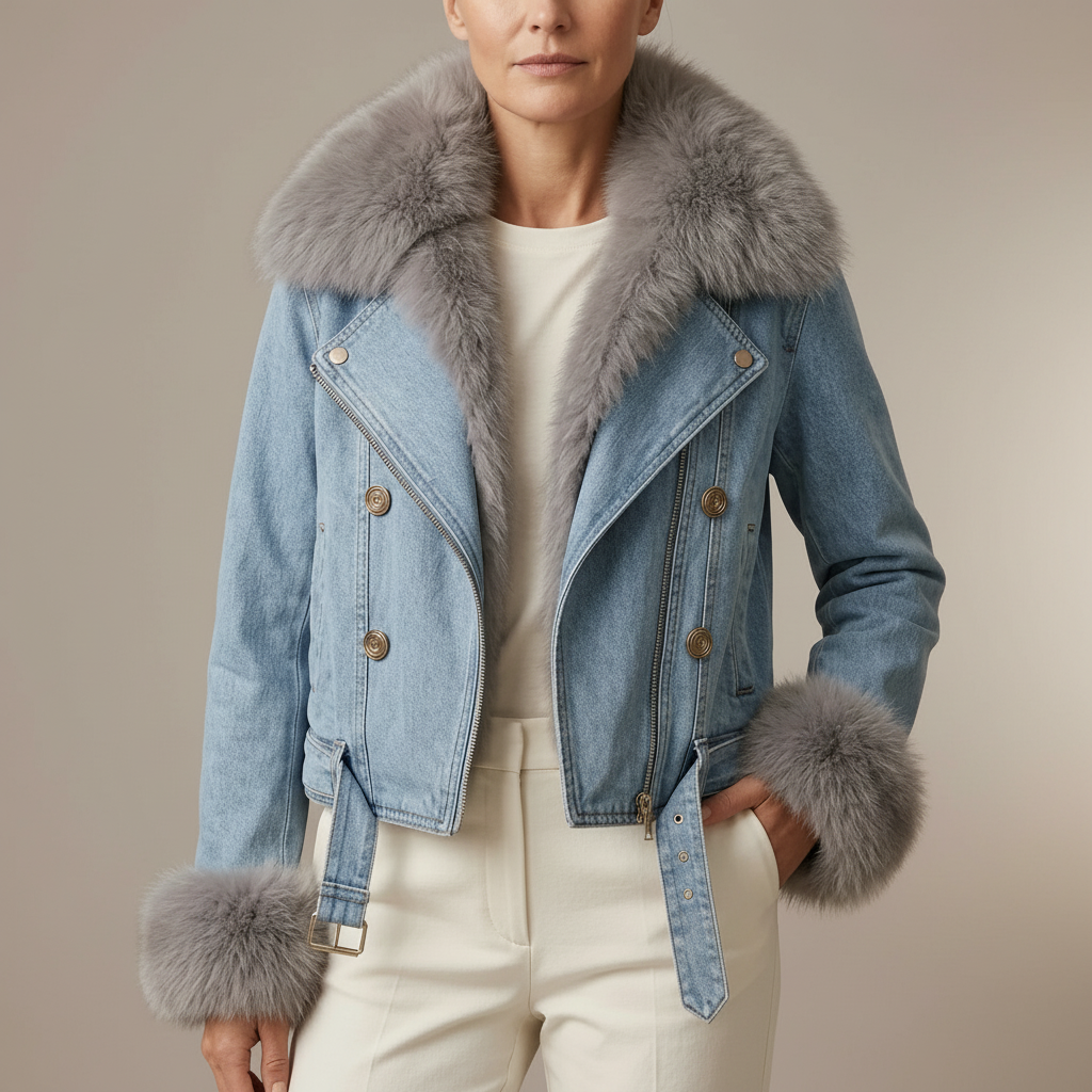 Faux Fur Lined Denim Jacket - Belted Women's Jacket Light Wash Denim front view