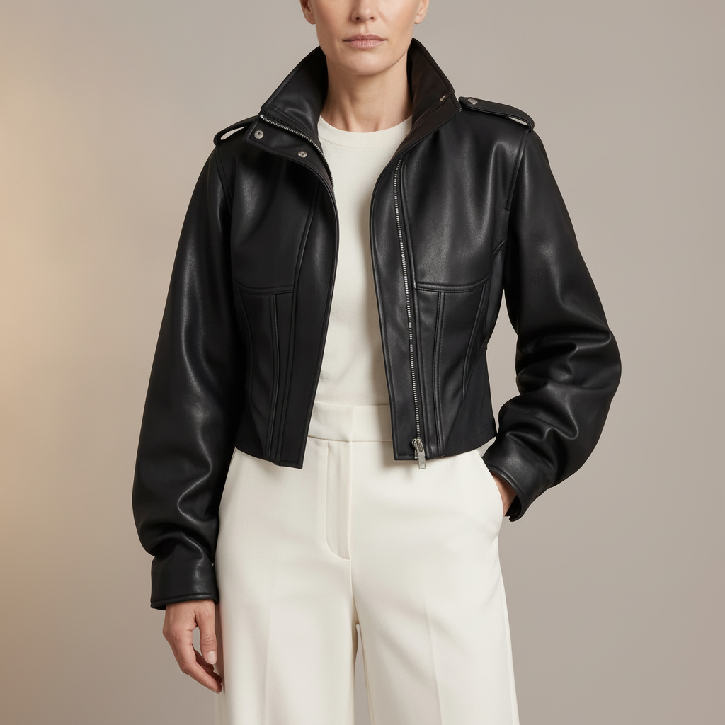 Corset Seam Leather Jacket - Cropped High Neck Women's Black front view