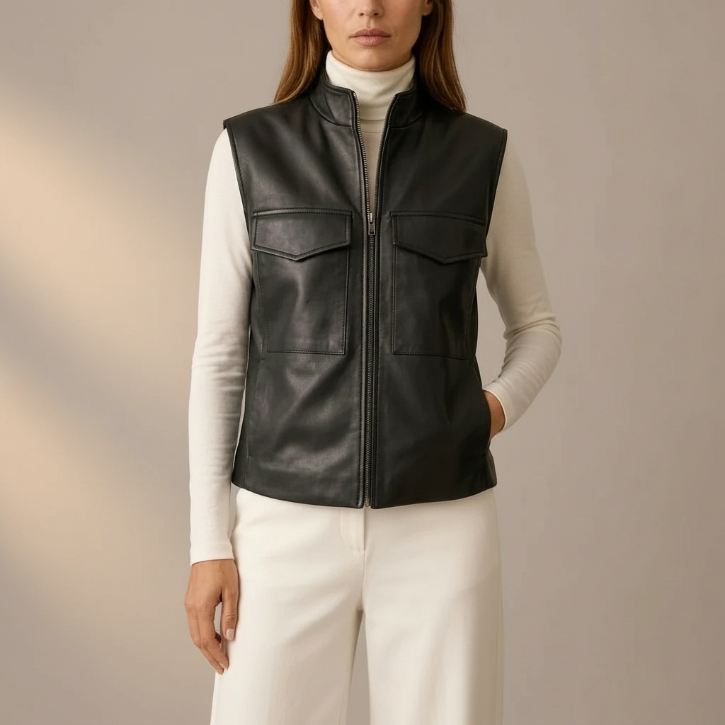 Leather Utility Vest - Sleeveless Stand Collar Women's Black front view