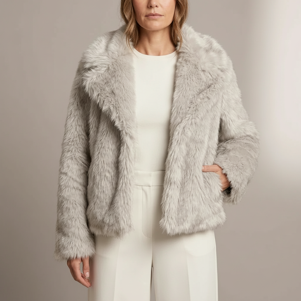 Cropped Faux Fur Jacket - Oversized Collar Women's Rice Gray front view