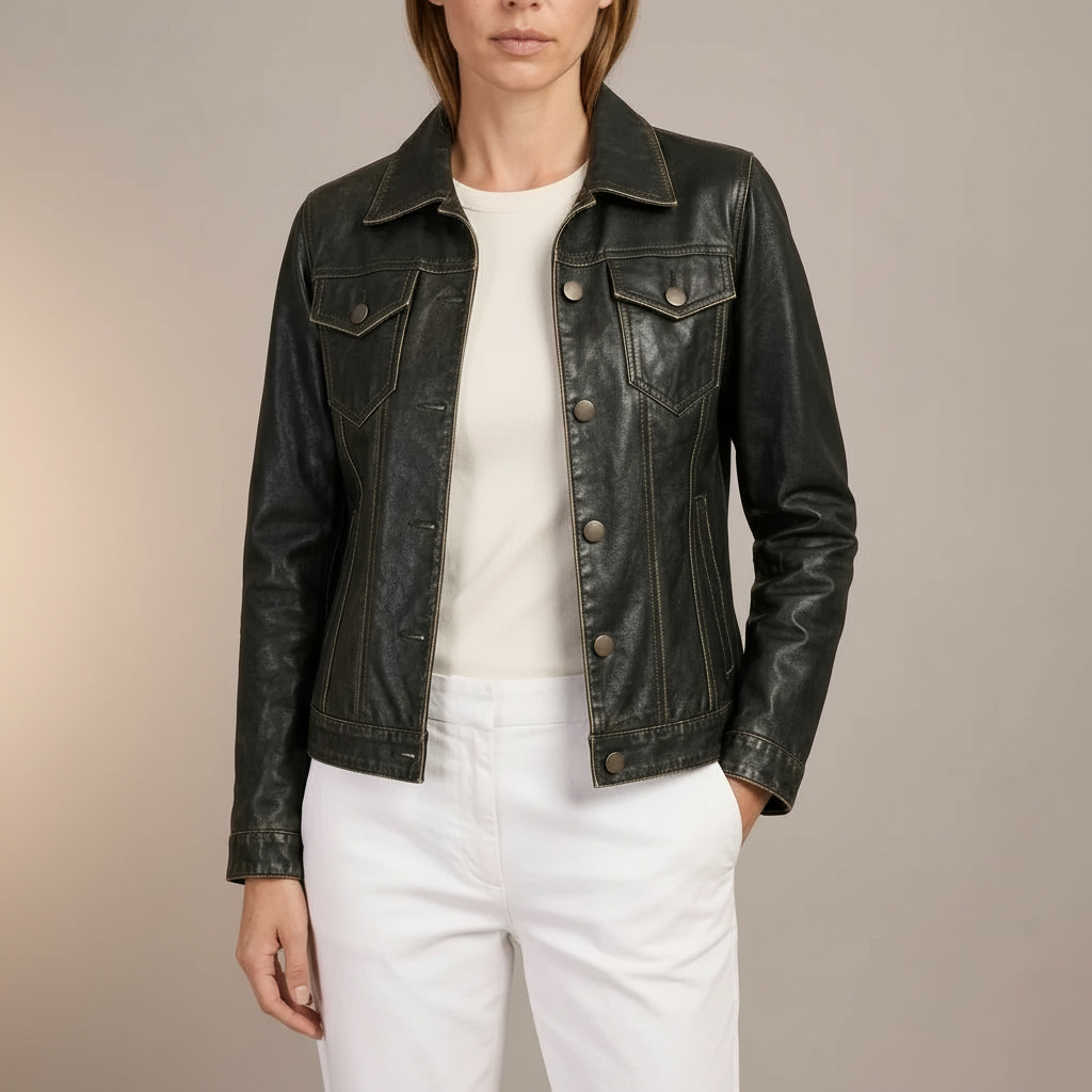 Vintage Washed Leather Jacket - Button Front Women's Black front view
