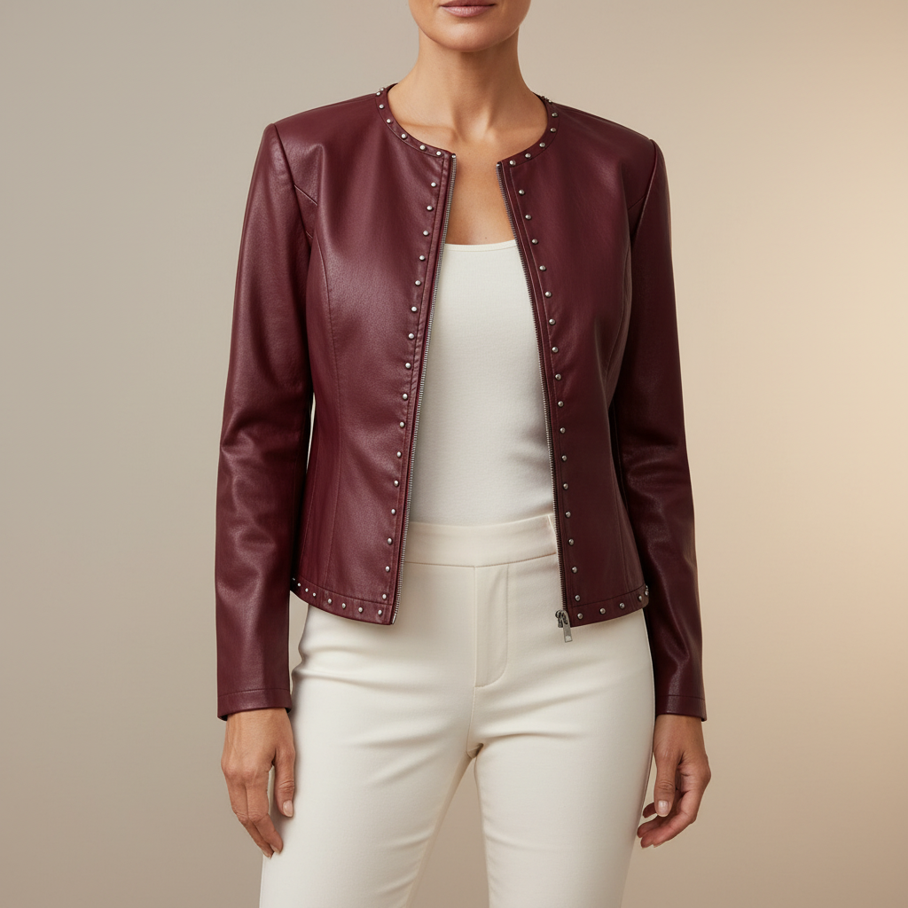 Studded Collarless Leather Jacket - Zip Women's Jacket Red front view