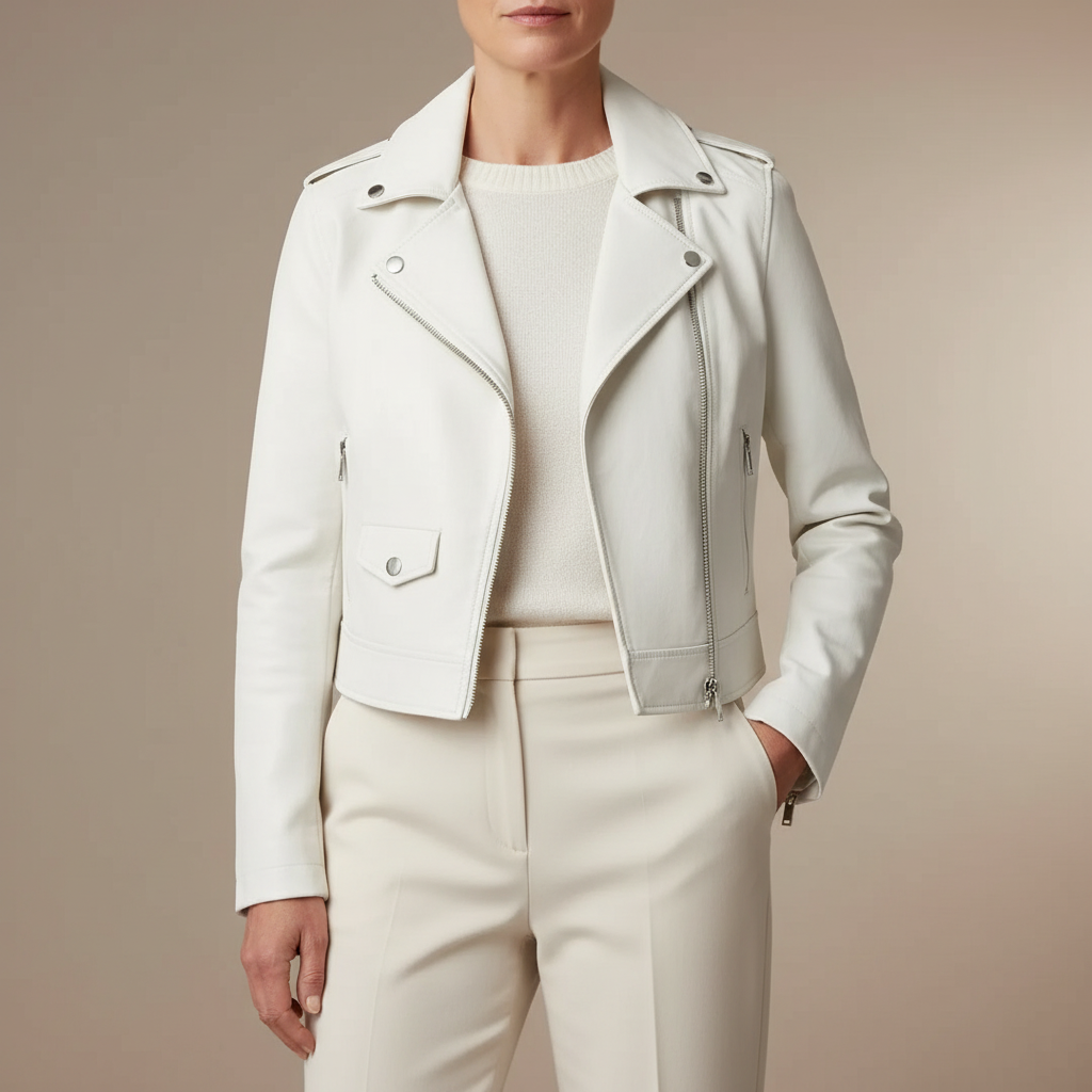 Cropped Belted Moto Jacket - Leather Biker Women's White front view