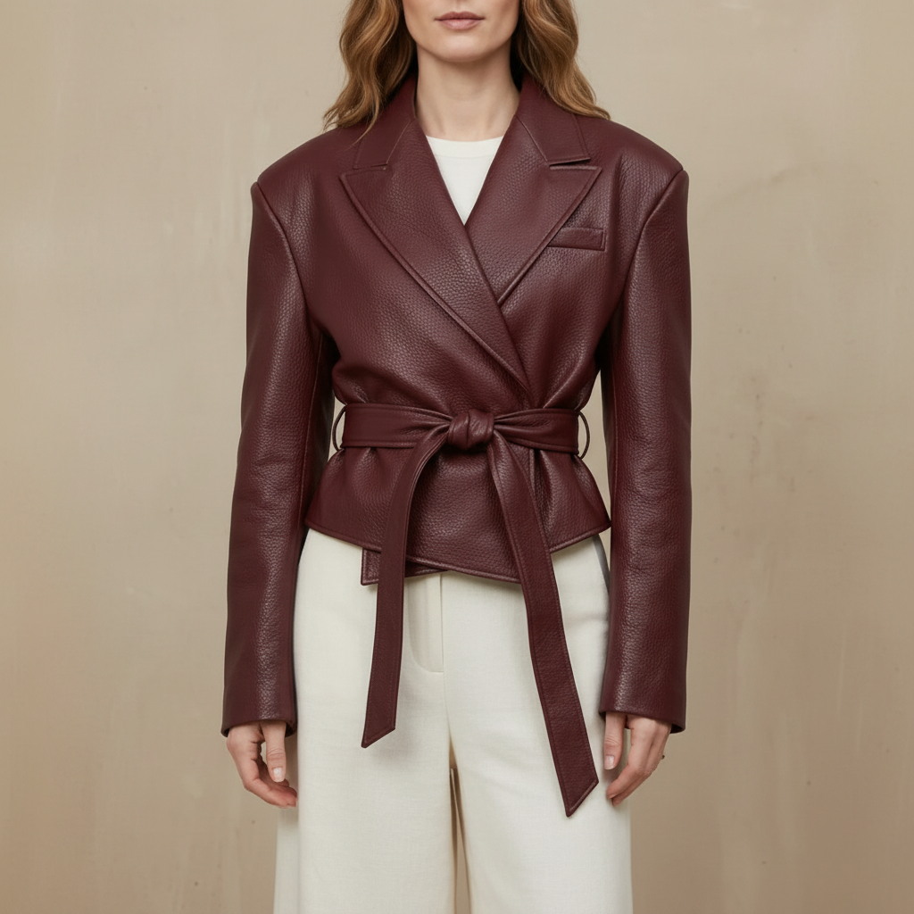 Belted Leather Blazer - Wrap Lapel Women's Jacket Reddish brown front view