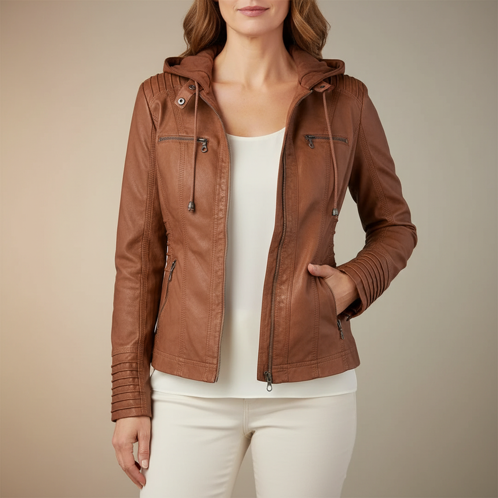 Hooded Faux Leather Moto Jacket - Slim Women's Jacket Brown front view