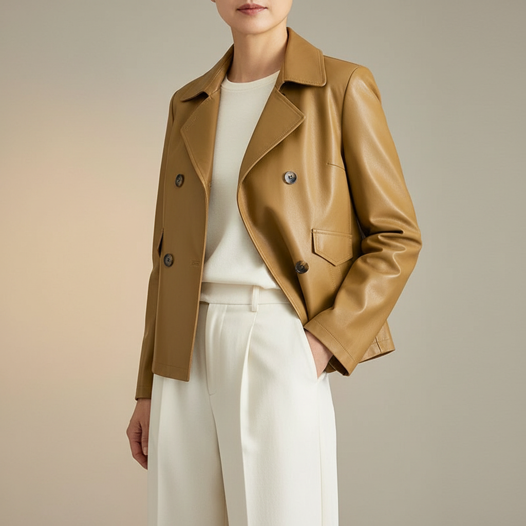 Double Breasted Leather Jacket - Cropped Women's Camel front view
