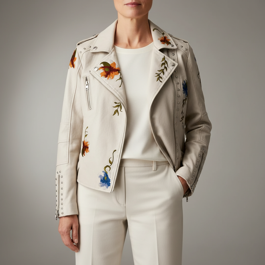 Embroidered Floral Leather Jacket - Studded Women's Beige front view