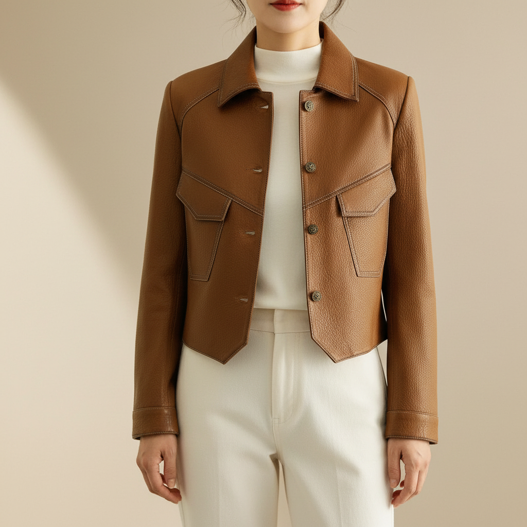 Cropped Pebbled Leather Jacket - Button Front Women's Brown front view