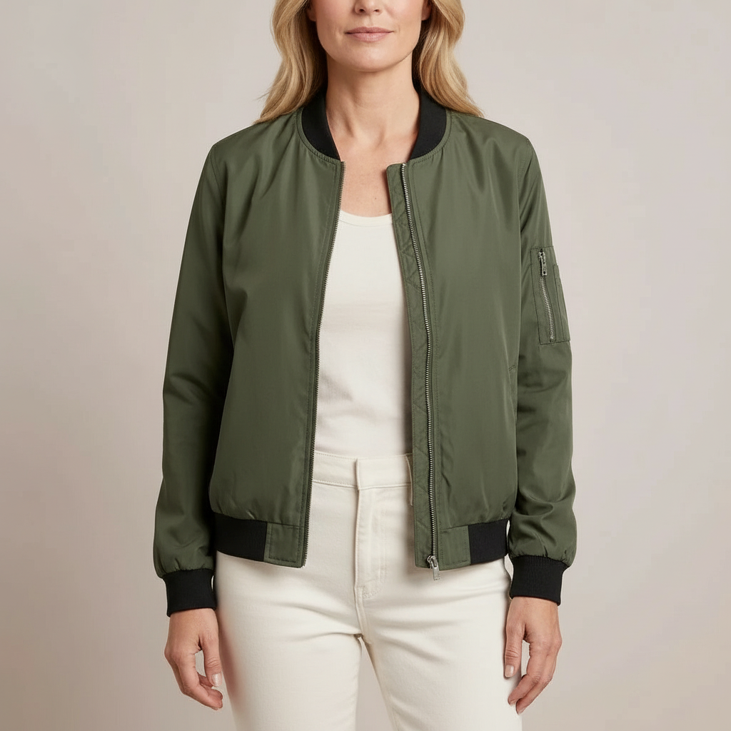 Lightweight Bomber Jacket - Sleeve Pocket Women's Army Green front view