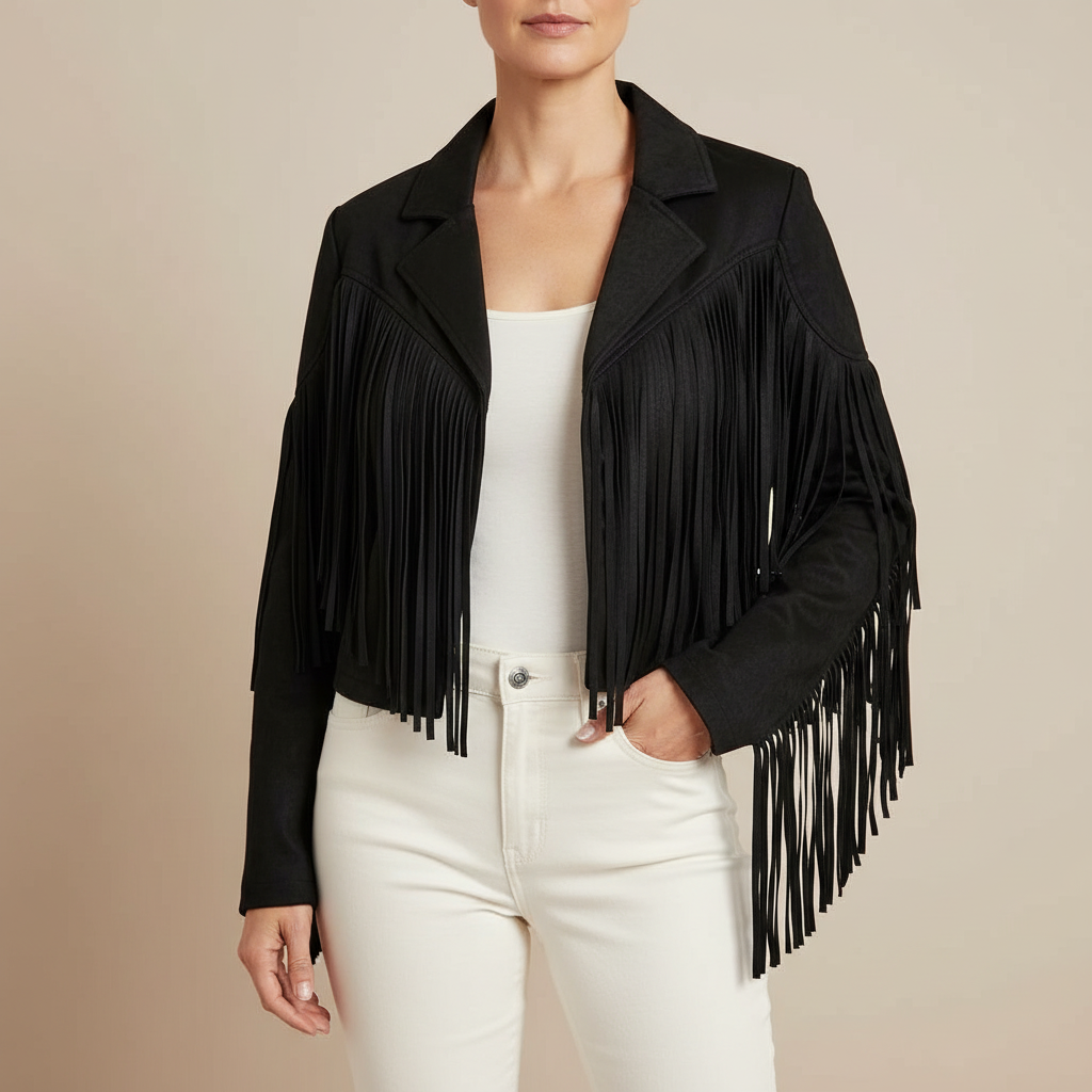 Cropped Fringe Jacket - Faux Leather Women's Jacket Black front view