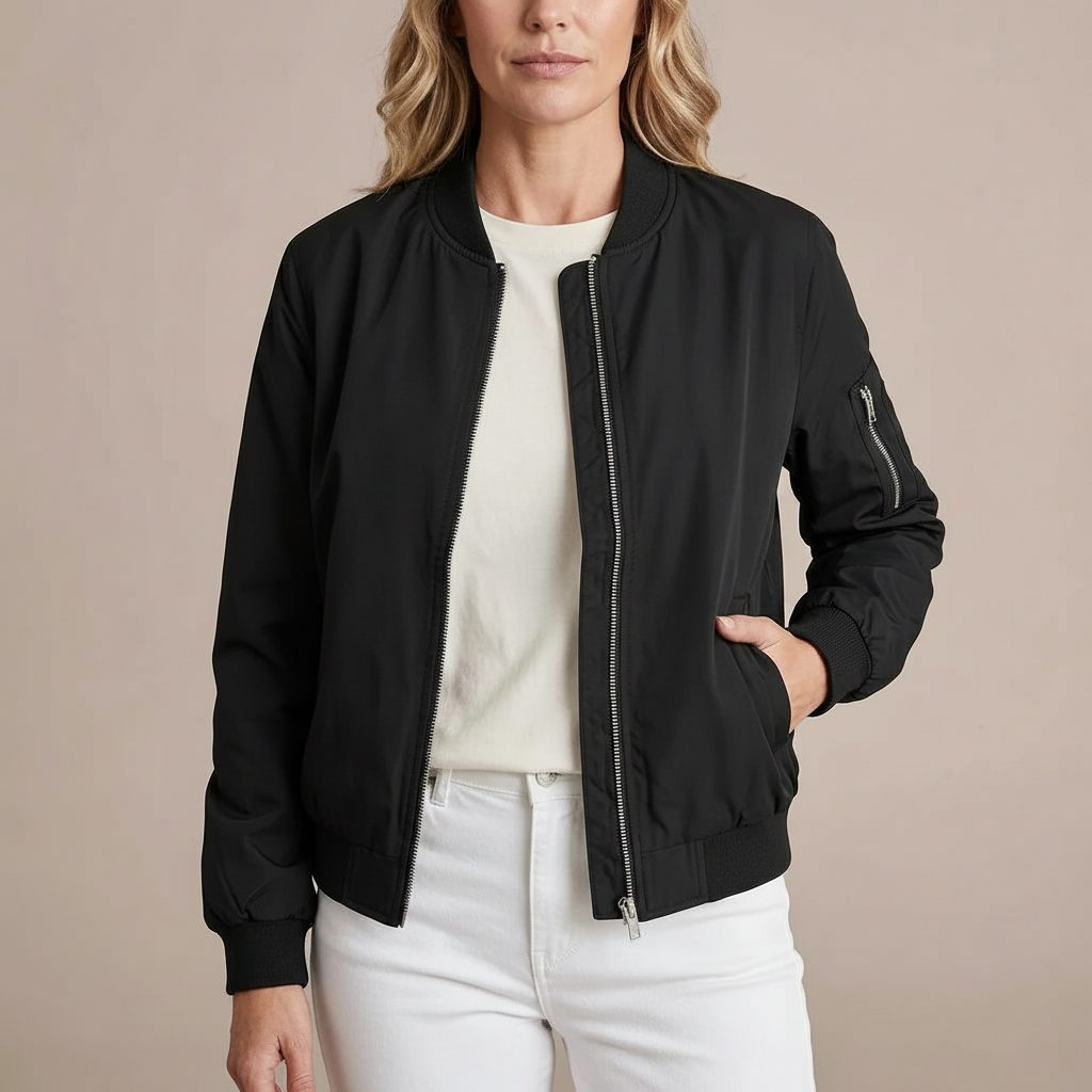 Lightweight Bomber Jacket - Zip Front Women's Jacket Black front view