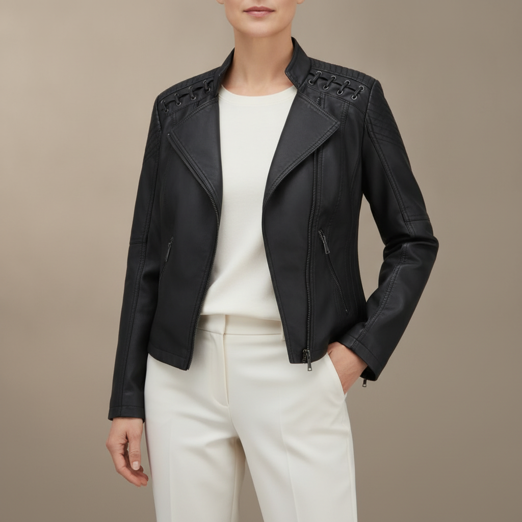 Lace Up Moto Jacket - Stand Collar Women's Biker Jacket Black front view