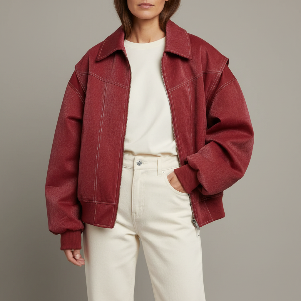 Oversized Bomber Jacket - Contrast Seam Zip Women's Red front view