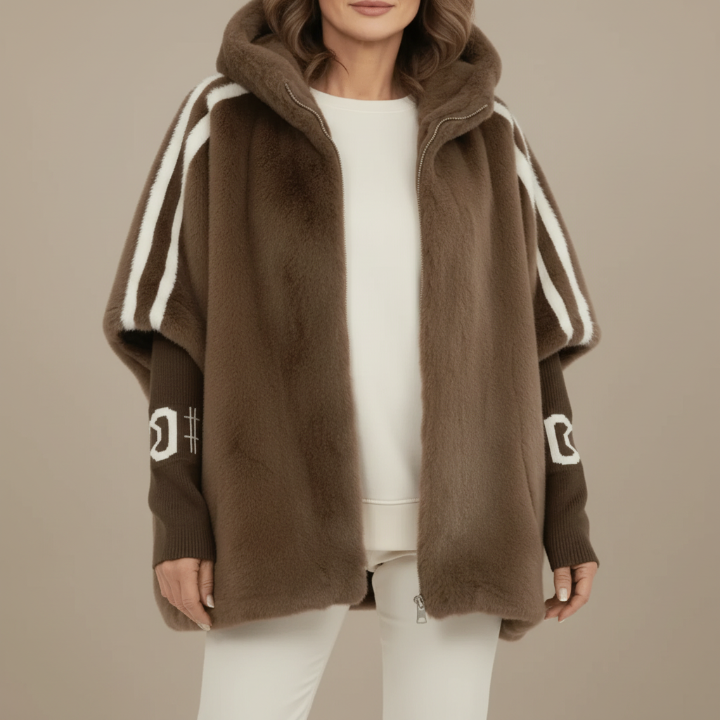 Faux Fur Hooded Jacket - Striped Sleeve Women's Jacket Brown front view