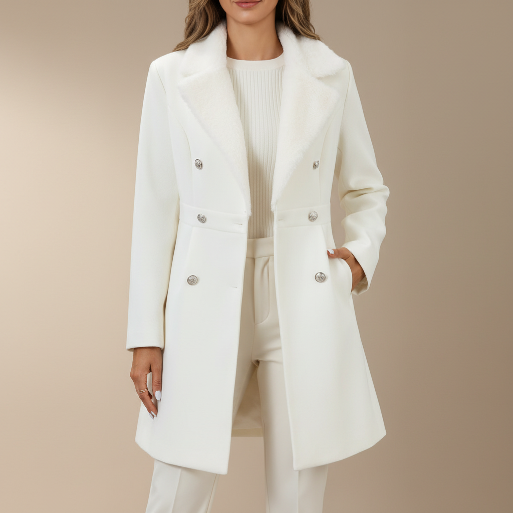 Double Breasted Coat - Faux Fur Collar Fitted Women's White front view