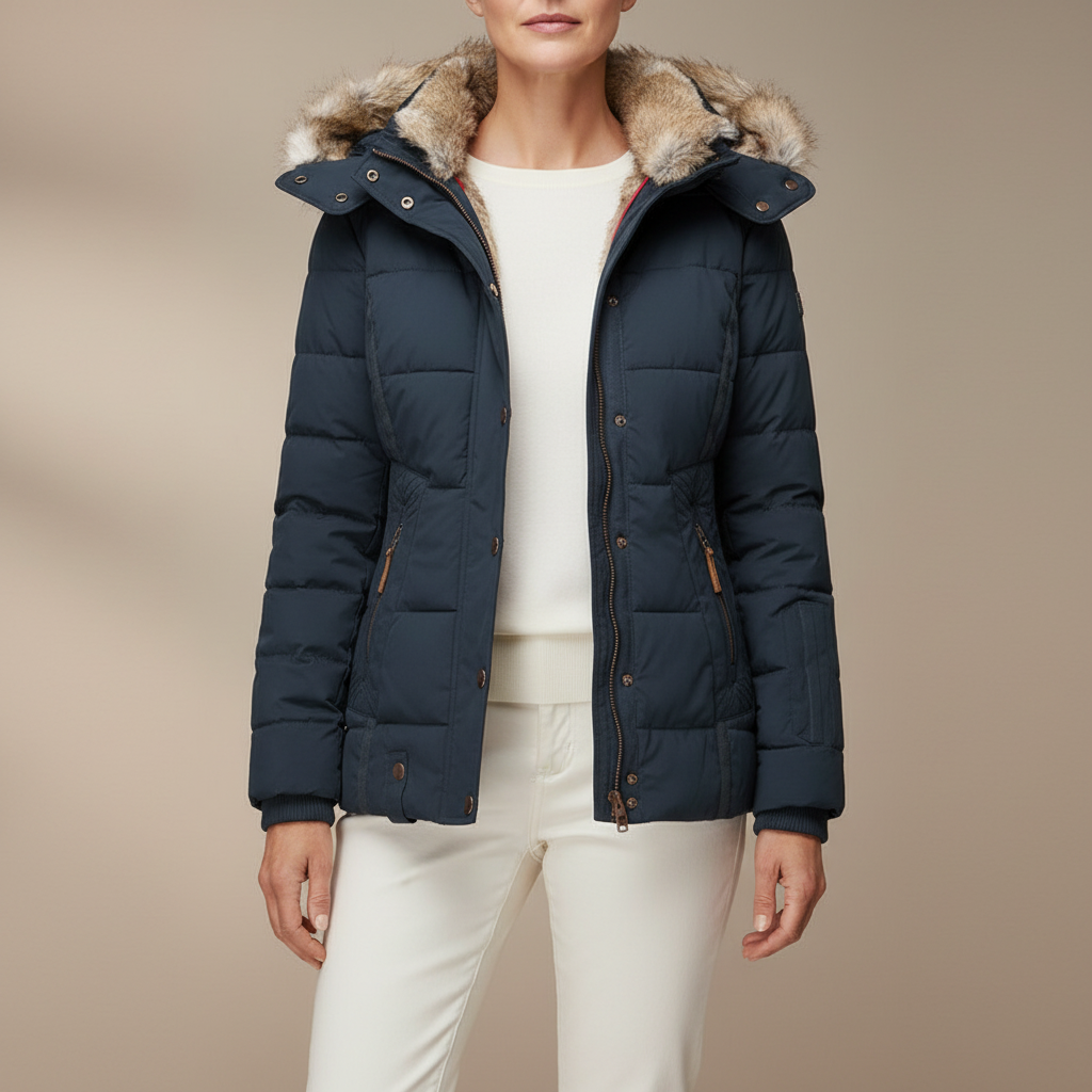 Faux Fur Lined Puffer Jacket - Hooded Women's Jacket Blue front view