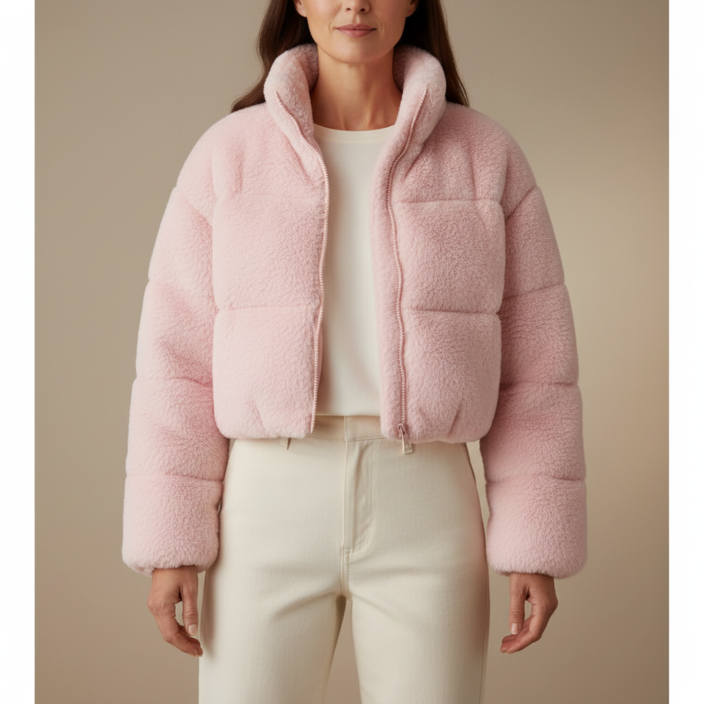 Cropped Faux Fur Puffer - Stand Collar Women's Jacket Pink front view