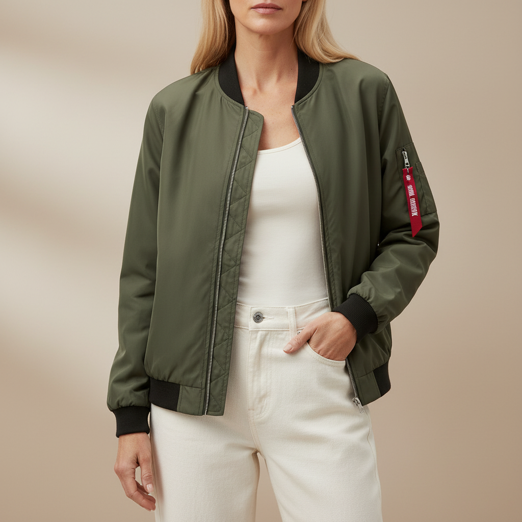 Minimal Bomber Jacket - Zip Front Ribbed Women's Army green front view