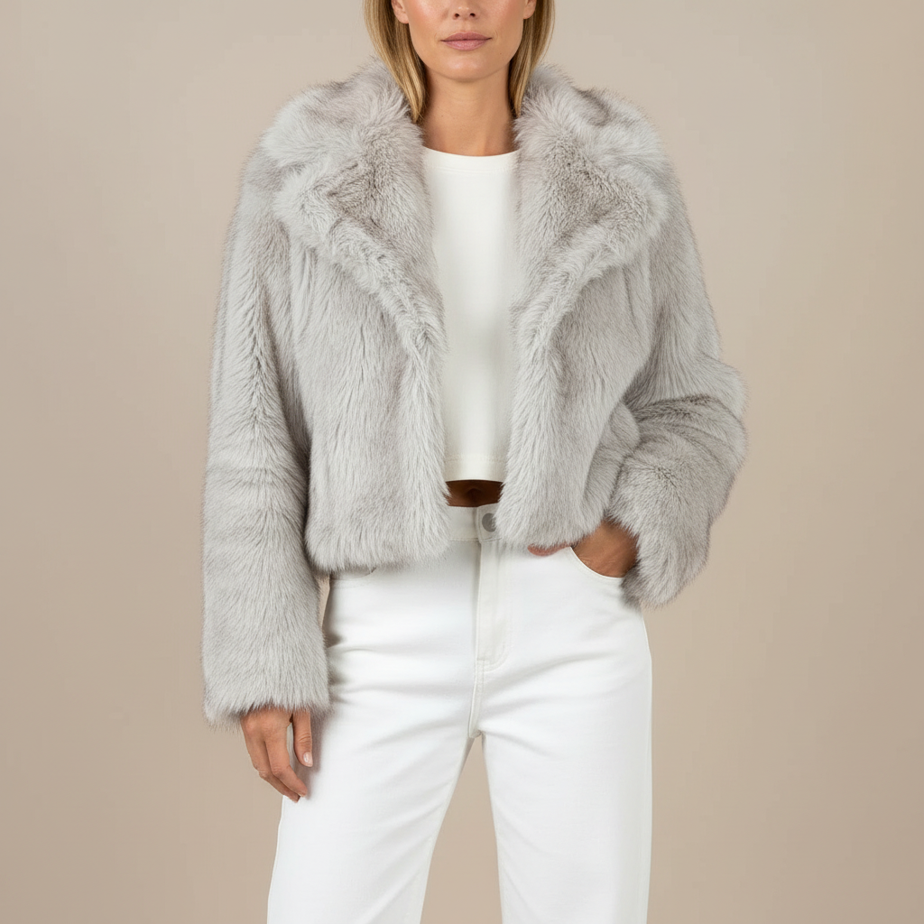 Cropped Faux Fur Jacket - Hip Length Women's Jacket Rice Gray front view