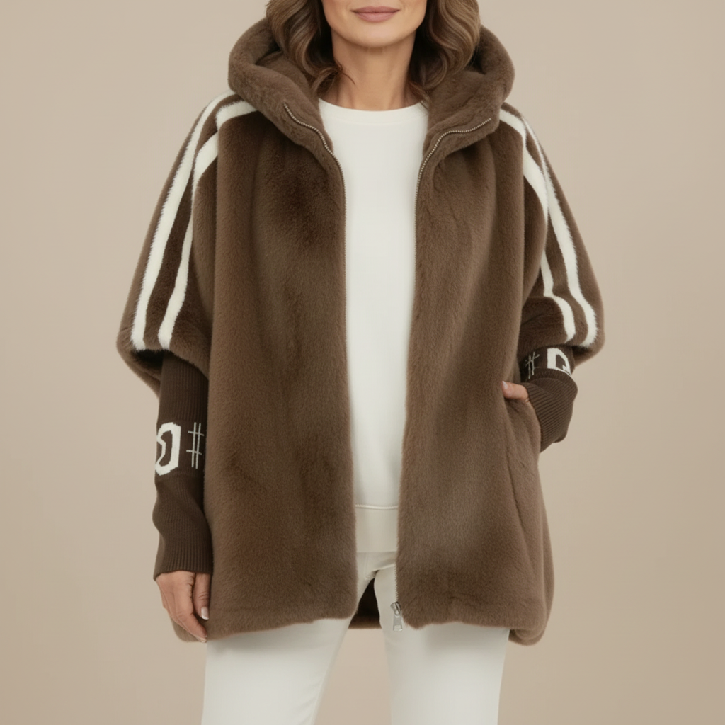 Hooded Faux Fur Jacket - Graphic Knit Sleeve Women's Brown front view