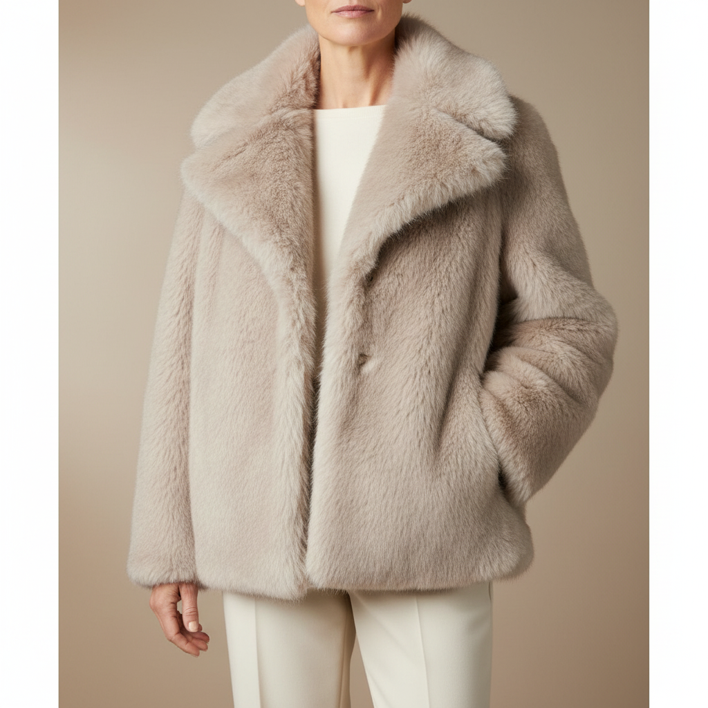 Faux Fur Coat - Oversized Statement Collar Women's Beige front view