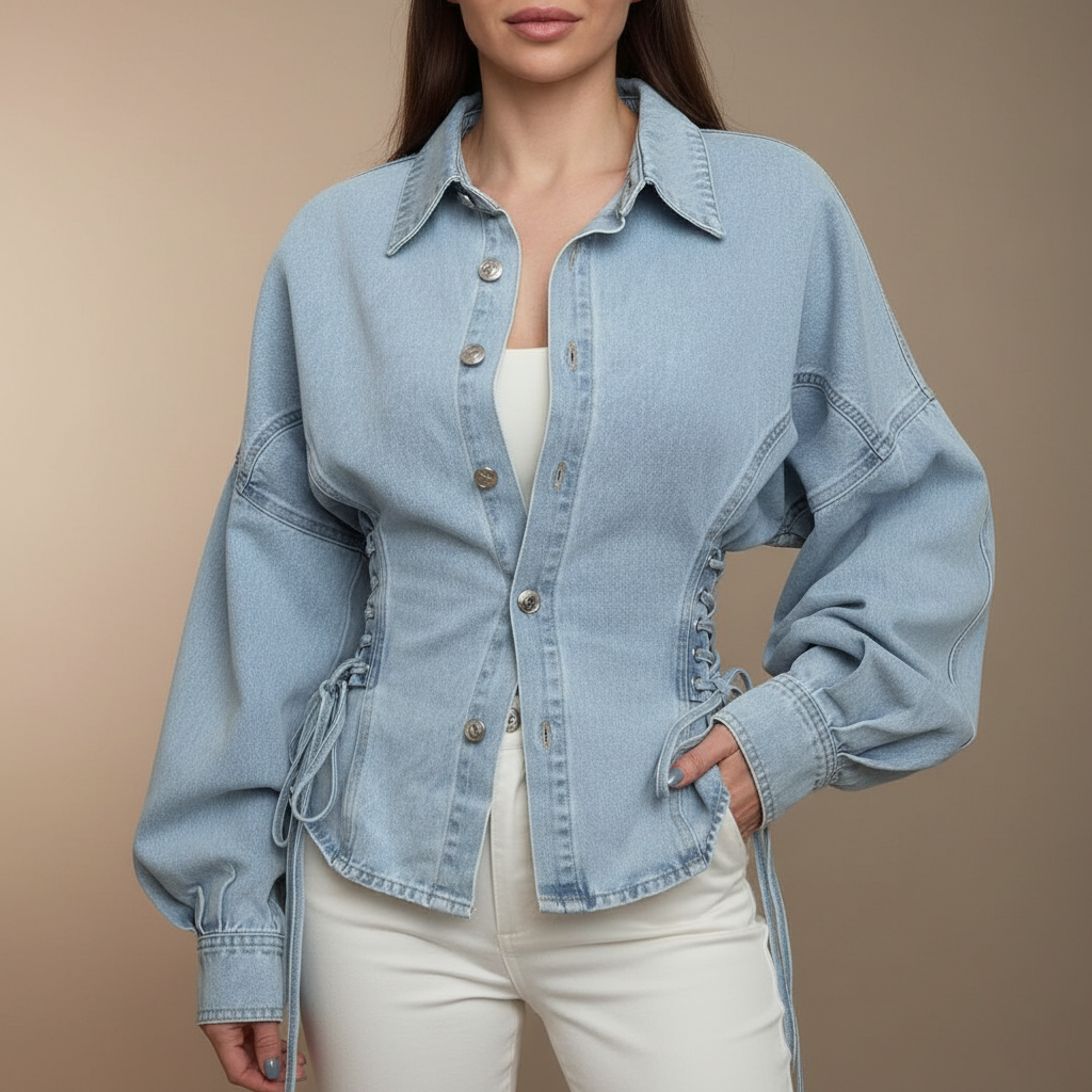 Balloon Sleeve Denim Jacket - Lace Up Women's Jacket Denim front view