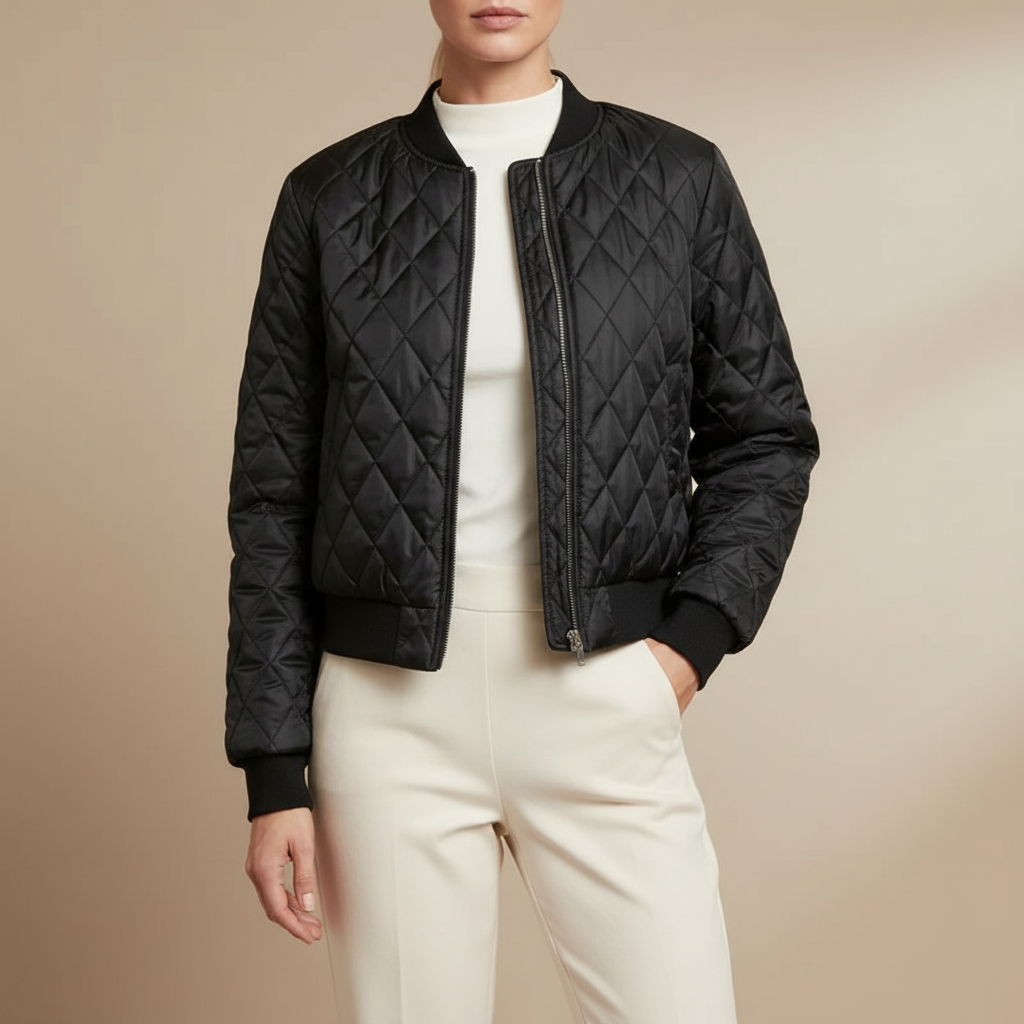 Cropped Quilted Bomber Jacket - Glossy Diamond Women's Black front view