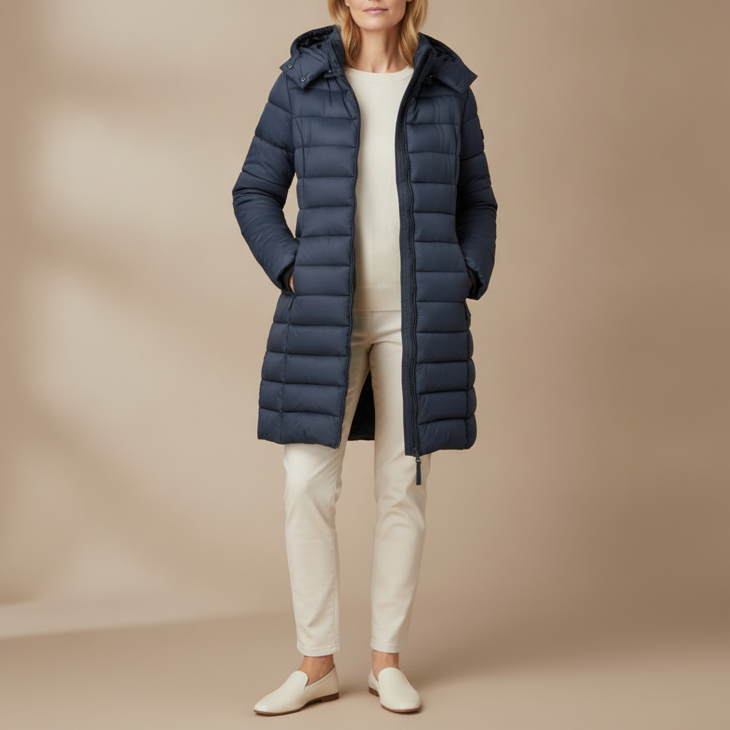 Long Quilted Puffer Coat - Removable Hood Women's Navy Blue front view