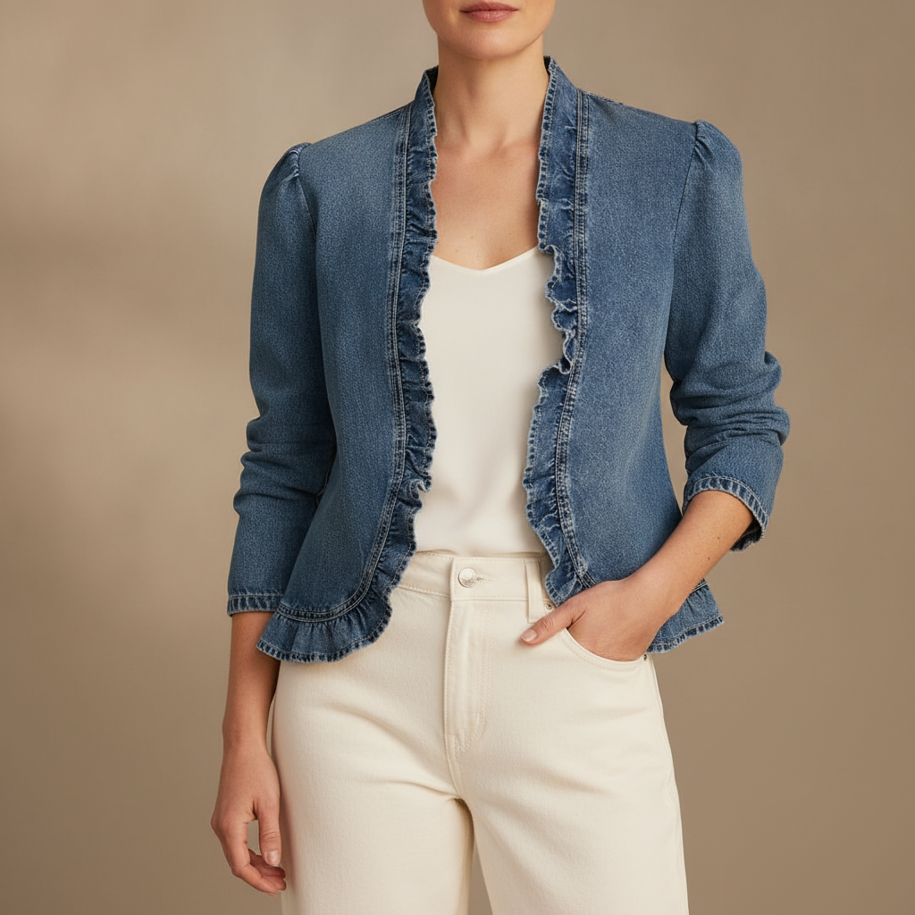 Ruffle Trim Denim Jacket - Puff Sleeve Women's Blue front view
