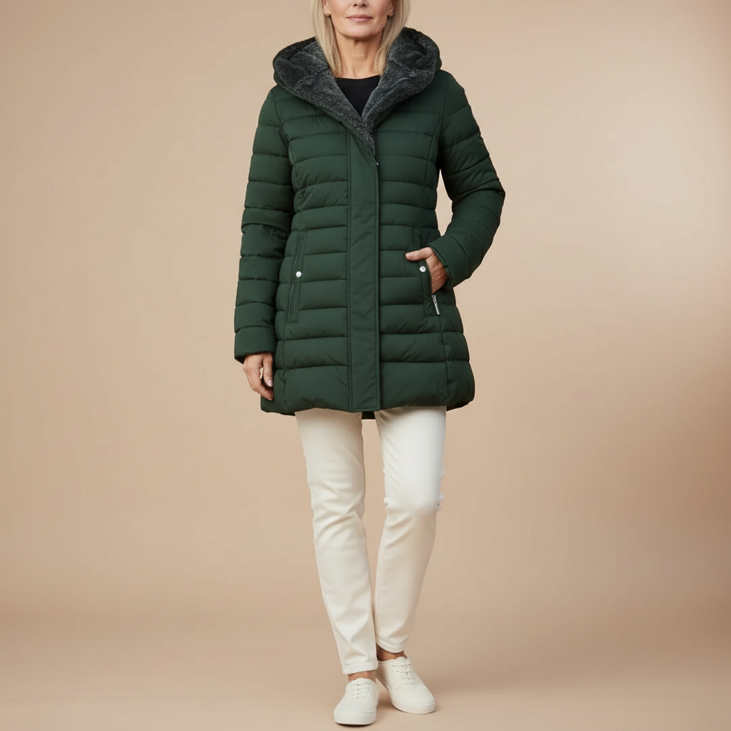 Long Fleece Lined Puffer Coat - Hooded Women's Coat Dark Green front view