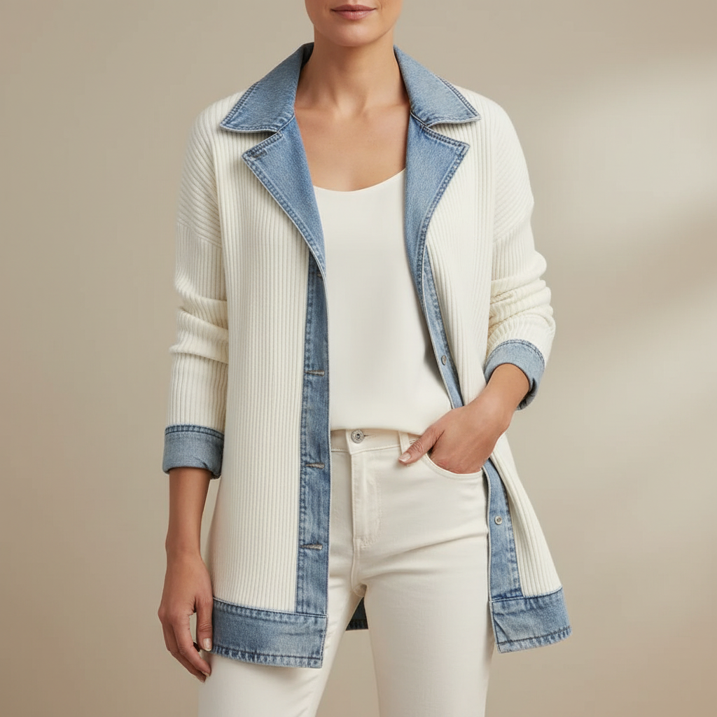 Layered Mixed Texture Denim Jacket - Women's White front view