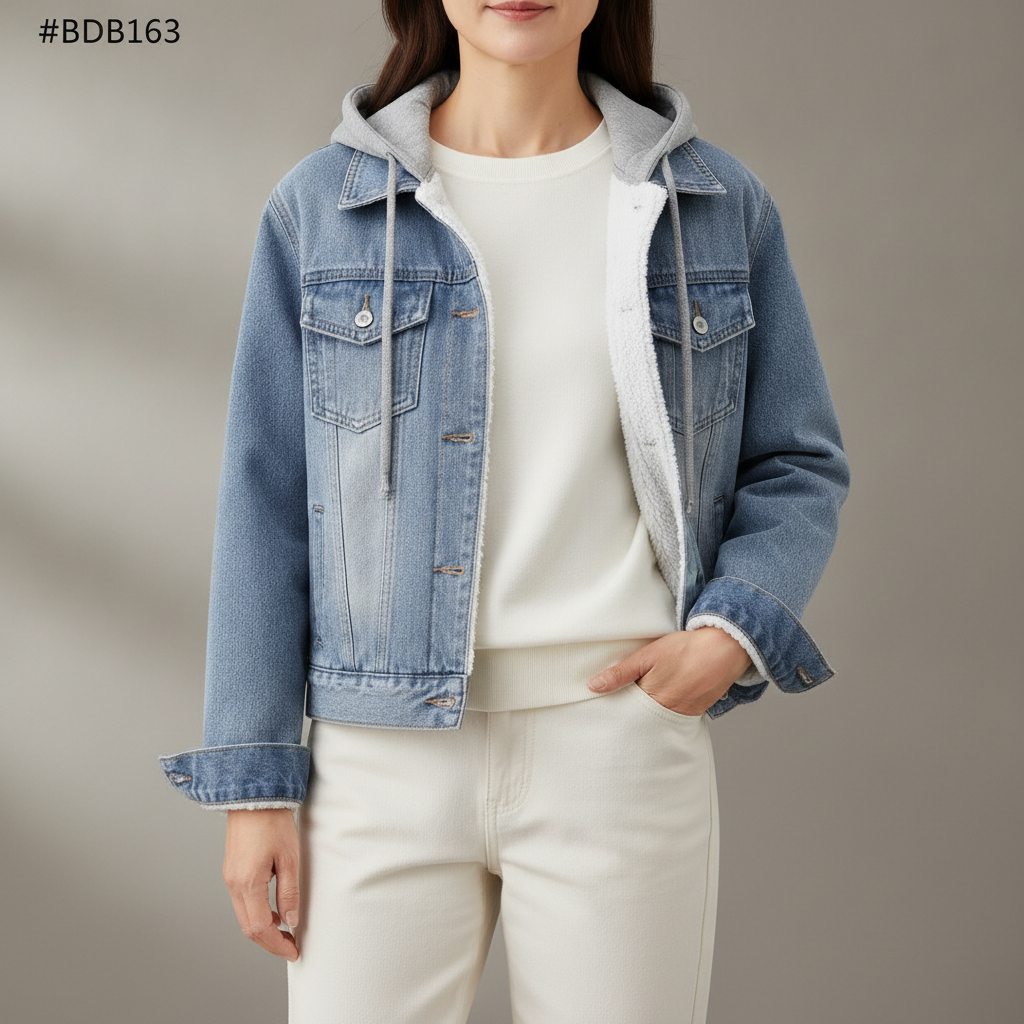 Sherpa Lined Denim Jacket - Hooded Button Front Women's Sky Blue front view