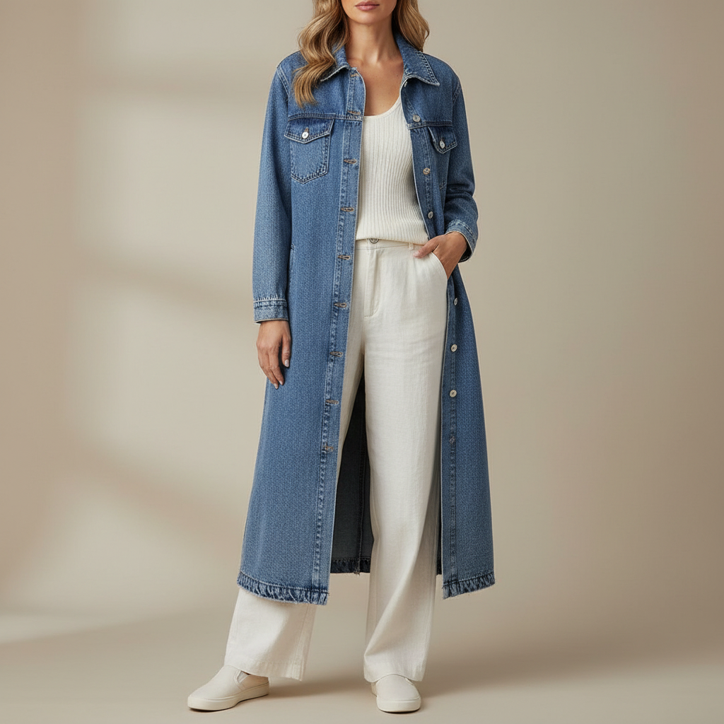 Maxi Denim Jacket - Long Button Front Women's Coat Blue front view